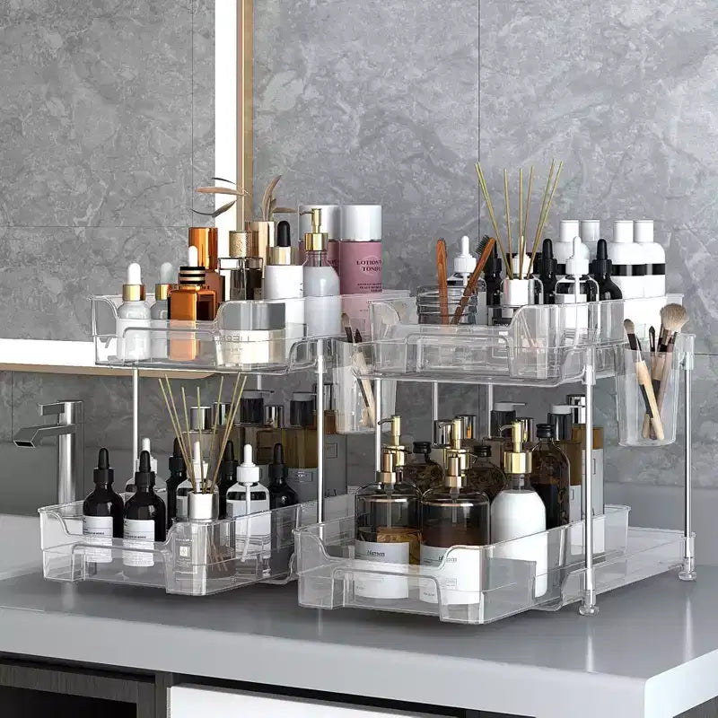 Organizzatore estraibile per il trucco, scaffali trasparenti a 2 livelli con divisori, 21 x 29 x 22 cm per cucina/bagno