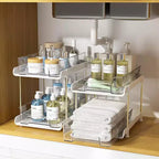 Organizzatore estraibile per il trucco, scaffali trasparenti a 2 livelli con divisori, 21 x 29 x 22 cm per cucina/bagno