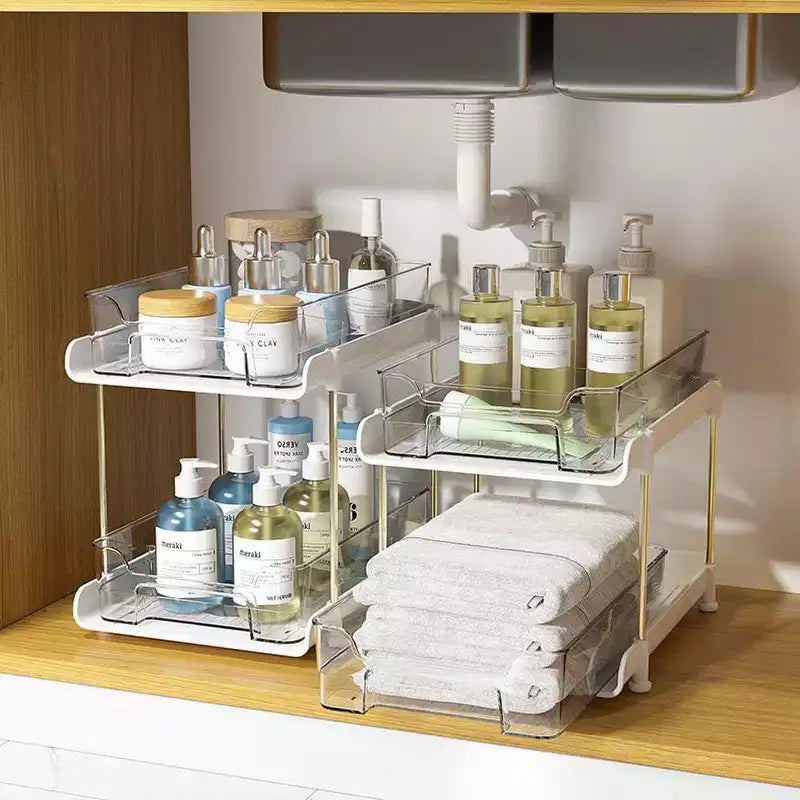 Organizzatore estraibile per il trucco, scaffali trasparenti a 2 livelli con divisori, 21 x 29 x 22 cm per cucina/bagno