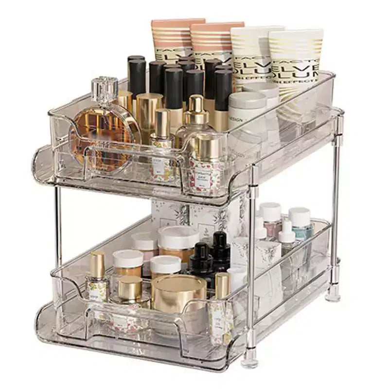 Organizzatore estraibile per il trucco, scaffali trasparenti a 2 livelli con divisori, 21 x 29 x 22 cm per cucina/bagno