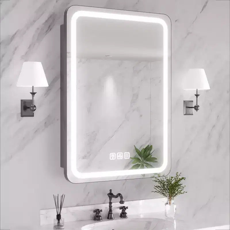 FAMYYT 20 in. W x 28 in. H Rectangular Iron Medicine Cabinet with Mirror, Dimmable LED Light, Anti-Fog and Outlets - Fully Assembled