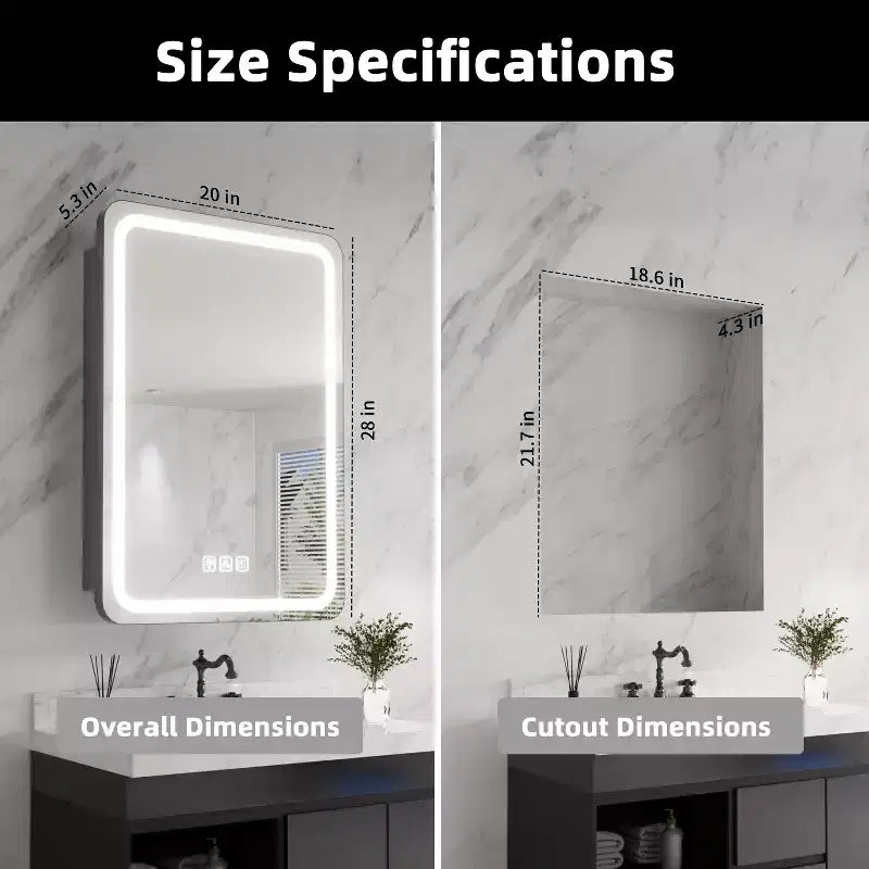 Mobiletto porta medicine rettangolare in ferro FAMYYT 20 pollici L x 28 pollici A con specchio, luce LED dimmerabile, antiappannamento e prese - Completamente assemblato