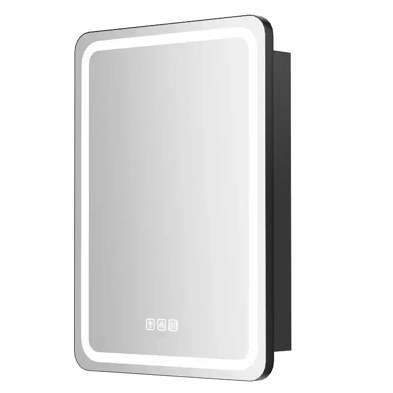 Mobiletto porta medicine rettangolare in ferro FAMYYT 20 pollici L x 28 pollici A con specchio, luce LED dimmerabile, antiappannamento e prese - Completamente assemblato