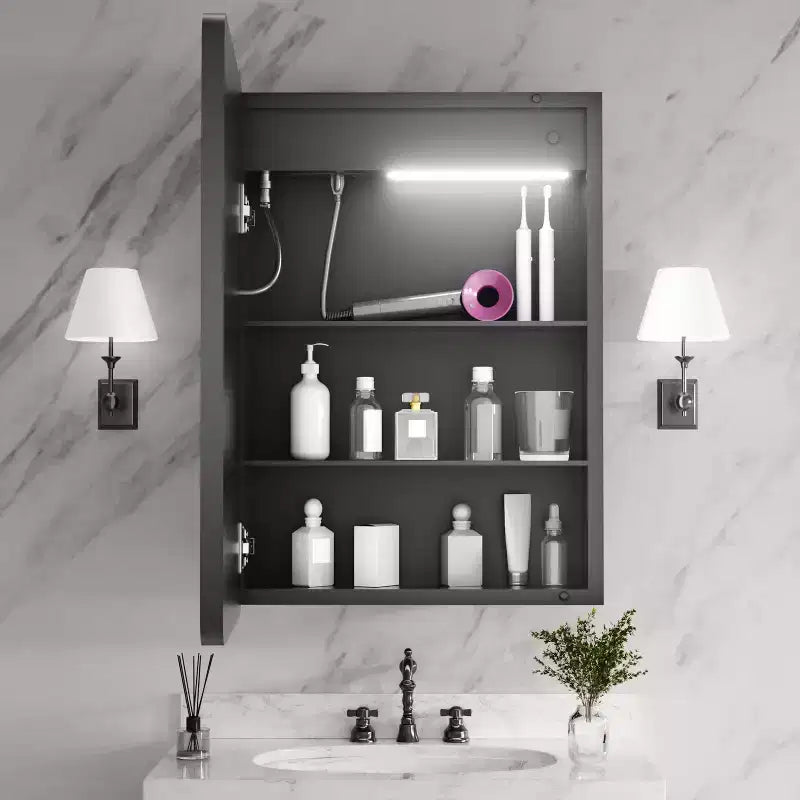 Mobiletto porta medicine rettangolare in ferro FAMYYT 20 pollici L x 28 pollici A con specchio, luce LED dimmerabile, antiappannamento e prese - Completamente assemblato
