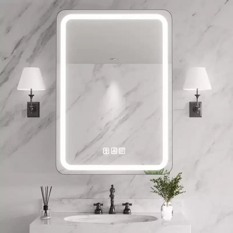 Mobiletto porta medicine rettangolare in ferro FAMYYT 20 pollici L x 28 pollici A con specchio, luce LED dimmerabile, antiappannamento e prese - Completamente assemblato