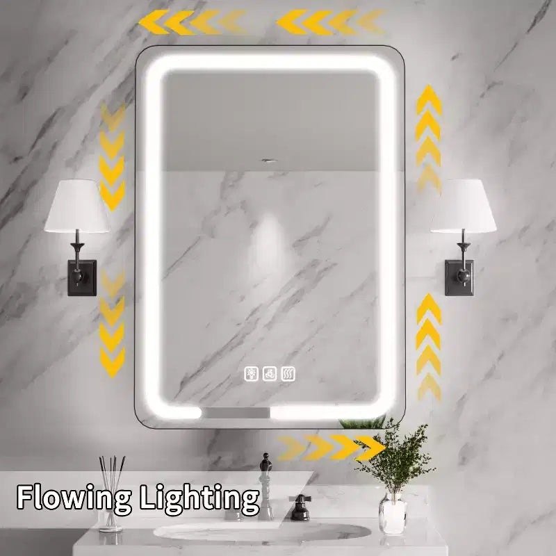Mobiletto porta medicine rettangolare in ferro FAMYYT 20 pollici L x 28 pollici A con specchio, luce LED dimmerabile, antiappannamento e prese - Completamente assemblato