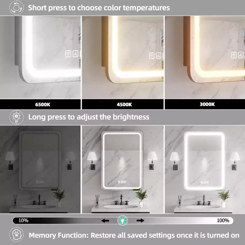 Mobiletto porta medicine rettangolare in ferro FAMYYT 20 pollici L x 28 pollici A con specchio, luce LED dimmerabile, antiappannamento e prese - Completamente assemblato