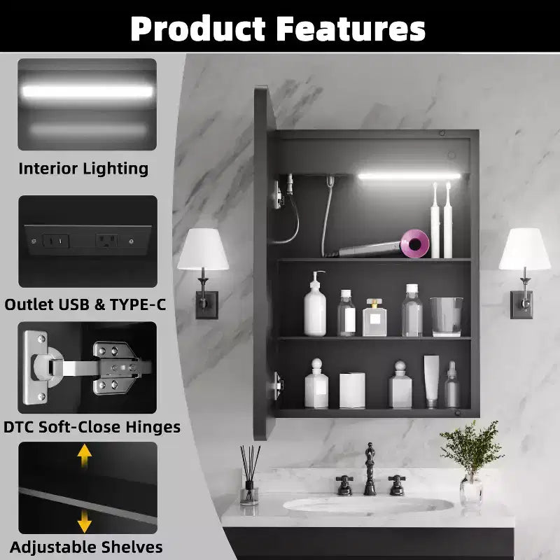 Mobiletto porta medicine rettangolare in ferro FAMYYT 20 pollici L x 28 pollici A con specchio, luce LED dimmerabile, antiappannamento e prese - Completamente assemblato