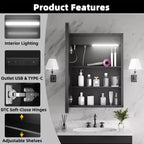 Mobiletto porta medicine rettangolare in ferro FAMYYT 20 pollici L x 28 pollici A con specchio, luce LED dimmerabile, antiappannamento e prese - Completamente assemblato