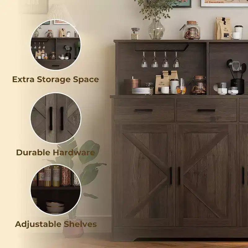 Mobile Credenza da Ingresso in Stile Rustico, Ripiani Regolabili, 3 Cassetti, Robusta Struttura in Legno per Cucina, Sala da Pranzo