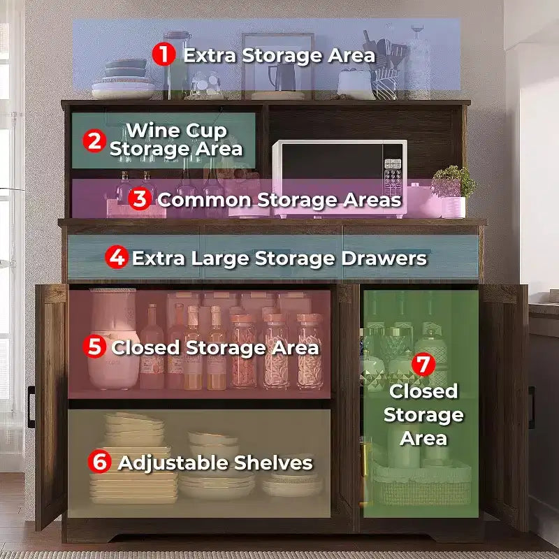 Mobile Credenza da Ingresso in Stile Rustico, Ripiani Regolabili, 3 Cassetti, Robusta Struttura in Legno per Cucina, Sala da Pranzo
