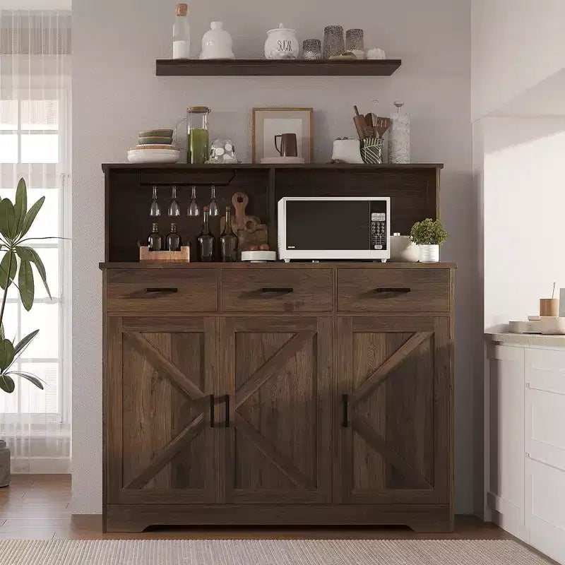 Mobile Credenza da Ingresso in Stile Rustico, Ripiani Regolabili, 3 Cassetti, Robusta Struttura in Legno per Cucina, Sala da Pranzo