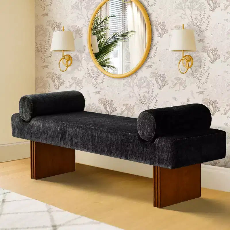 Panca moderna imbottita in ciniglia con cuscini, panca da ingresso con seduta imbottita, panca fondoletto per camera da letto o soggiorno-Panipeachy
