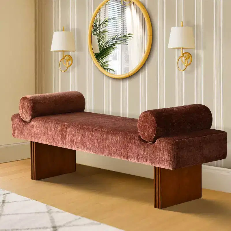 Panca moderna imbottita in ciniglia con cuscini, panca da ingresso con seduta imbottita, panca fondoletto per camera da letto o soggiorno-Panipeachy