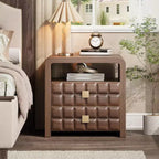 Whisen Modern Curved Nightstand with Geometric Relief Panel Fully Assembled 2-Drawer Bedside Table with Open Shelf, Sturdy Wood End Table - Walnut