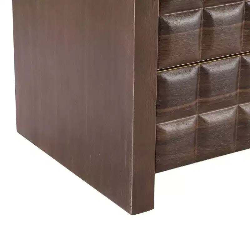 Comodino moderno curvo Whisen con pannello a rilievo geometrico, completamente assemblato, con 2 cassetti e ripiano aperto, robusto tavolino in legno - Noce