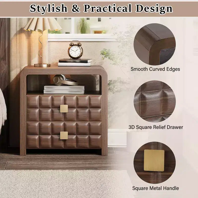 Comodino moderno curvo Whisen con pannello a rilievo geometrico, completamente assemblato, con 2 cassetti e ripiano aperto, robusto tavolino in legno - Noce