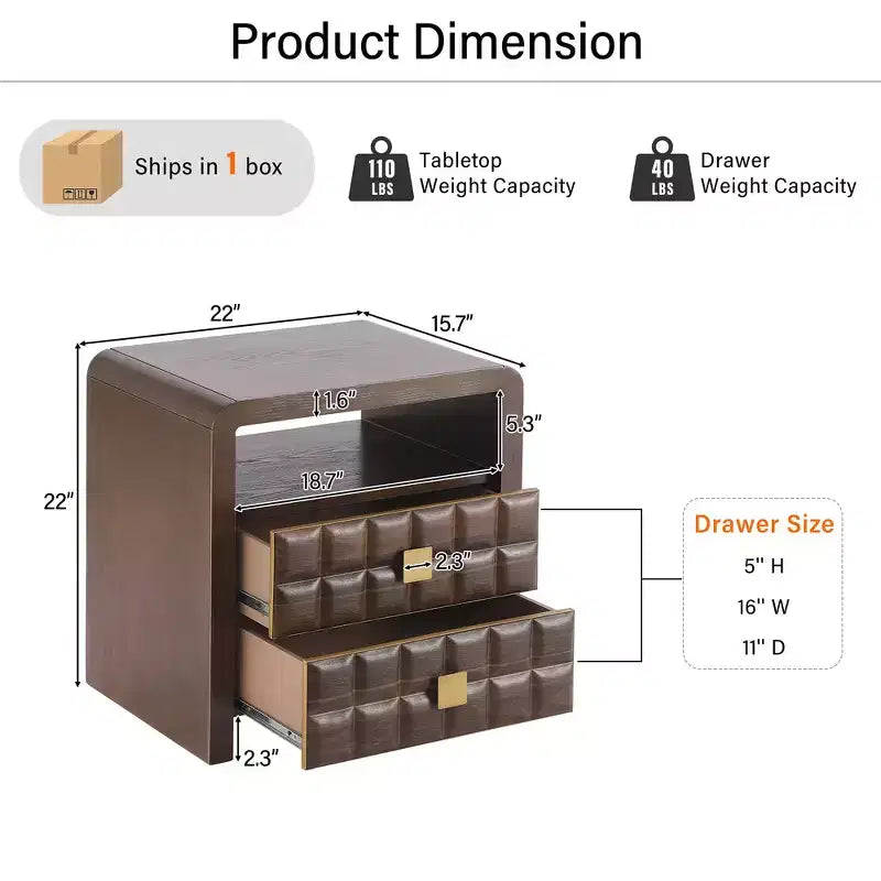 Comodino moderno curvo Whisen con pannello a rilievo geometrico, completamente assemblato, con 2 cassetti e ripiano aperto, robusto tavolino in legno - Noce