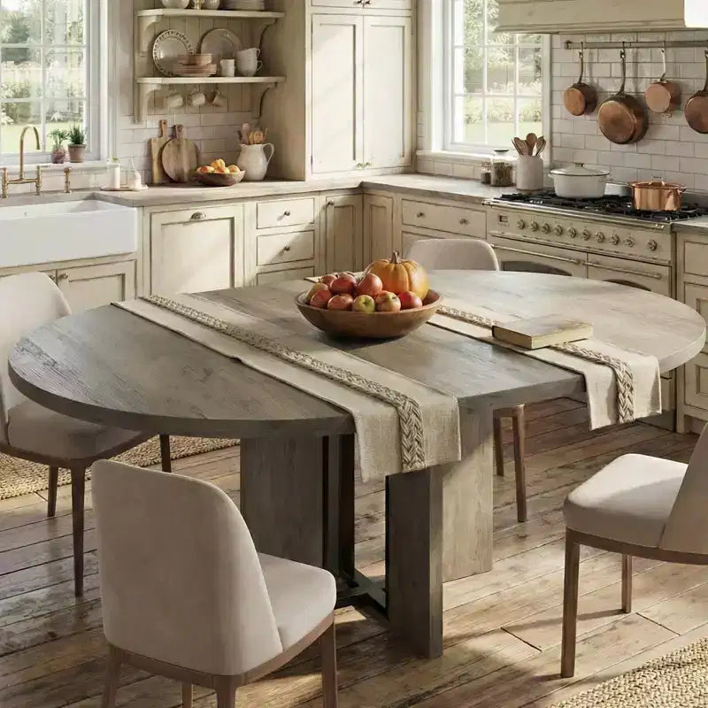 Tavolo da pranzo rotondo allungabile da cascina 120-160 cm Tavolo da cucina in legno allungabile con gambe più larghe e supporto in metallo per 4-8 persone, salvaspazio per appartamento