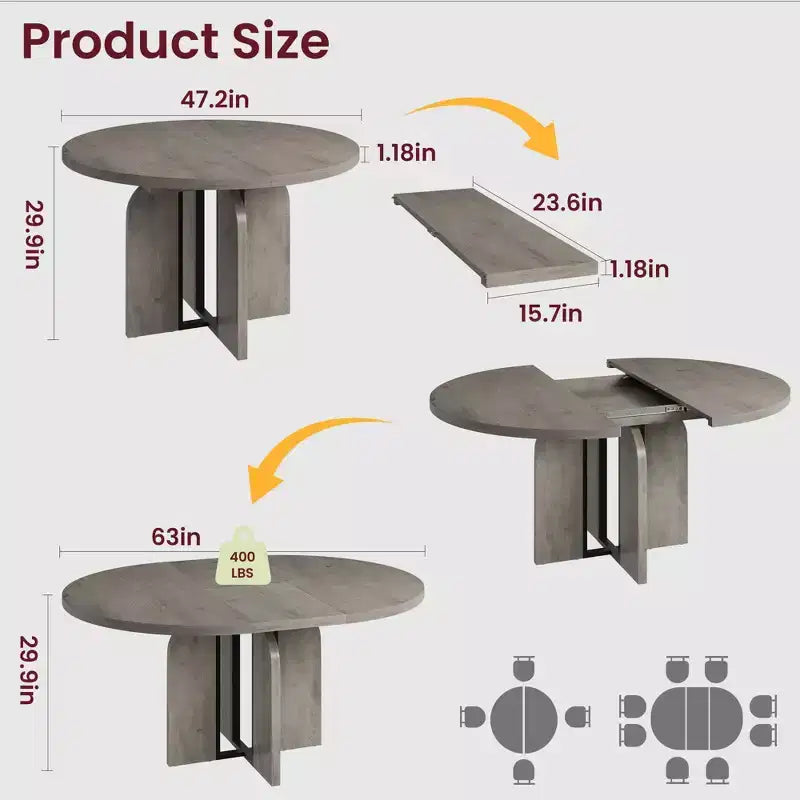 Tavolo da pranzo rotondo allungabile da cascina 120-160 cm Tavolo da cucina in legno allungabile con gambe più larghe e supporto in metallo per 4-8 persone, salvaspazio per appartamento