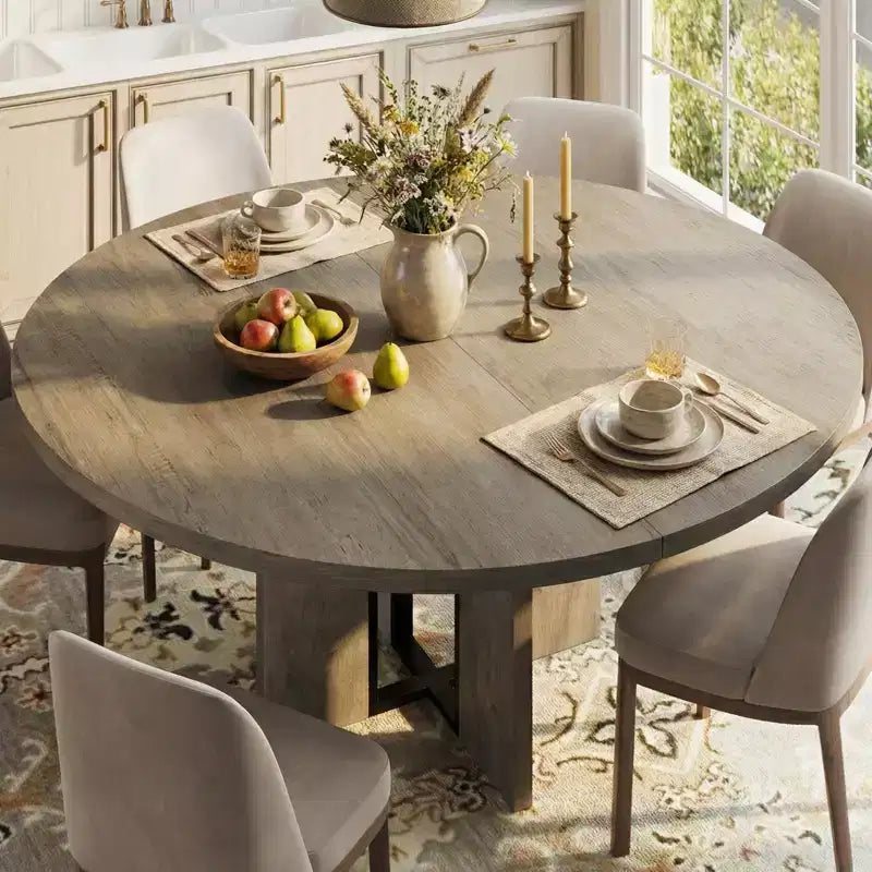 Tavolo da pranzo rotondo allungabile da cascina 120-160 cm Tavolo da cucina in legno allungabile con gambe più larghe e supporto in metallo per 4-8 persone, salvaspazio per appartamento