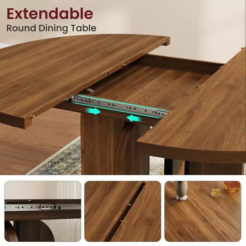 Tavolo da pranzo rotondo allungabile da cascina 120-160 cm Tavolo da cucina in legno allungabile con gambe più larghe e supporto in metallo per 4-8 persone, salvaspazio per appartamento