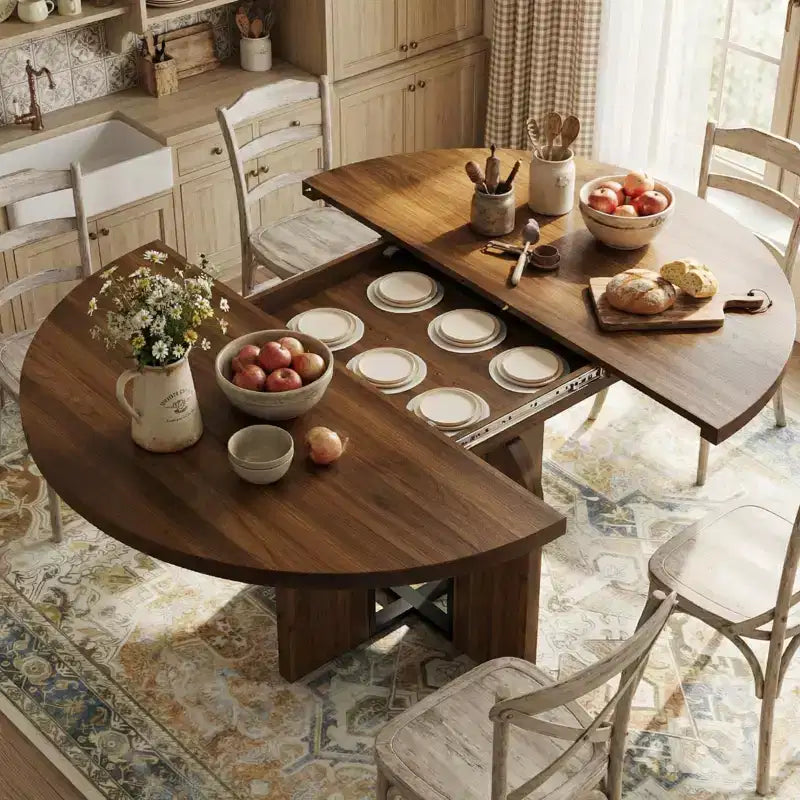 Tavolo da pranzo rotondo allungabile da cascina 120-160 cm Tavolo da cucina in legno allungabile con gambe più larghe e supporto in metallo per 4-8 persone, salvaspazio per appartamento