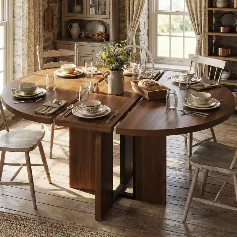 Tavolo da pranzo rotondo allungabile da cascina 120-160 cm Tavolo da cucina in legno allungabile con gambe più larghe e supporto in metallo per 4-8 persone, salvaspazio per appartamento