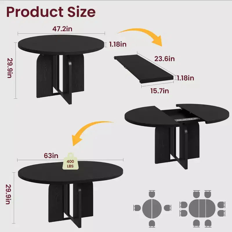 Tavolo da pranzo rotondo allungabile da cascina 120-160 cm Tavolo da cucina in legno allungabile con gambe più larghe e supporto in metallo per 4-8 persone, salvaspazio per appartamento
