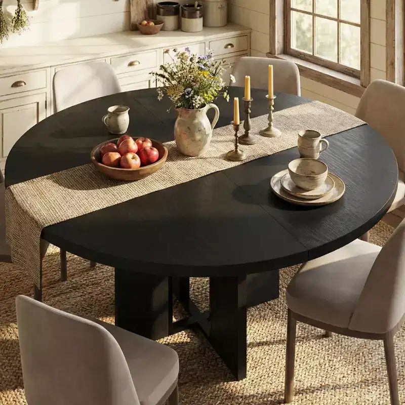 Tavolo da pranzo rotondo allungabile da cascina 120-160 cm Tavolo da cucina in legno allungabile con gambe più larghe e supporto in metallo per 4-8 persone, salvaspazio per appartamento