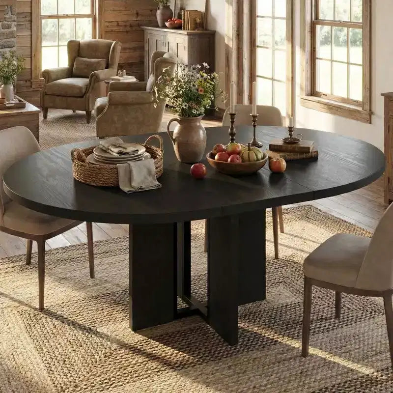 Tavolo da pranzo rotondo allungabile da cascina 120-160 cm Tavolo da cucina in legno allungabile con gambe più larghe e supporto in metallo per 4-8 persone, salvaspazio per appartamento