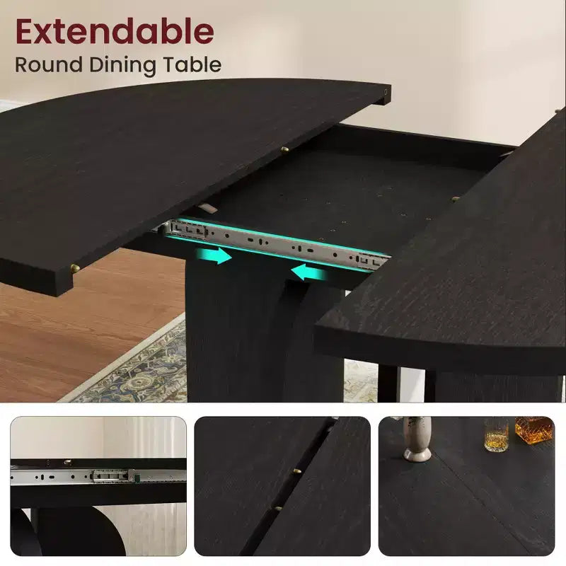Tavolo da pranzo rotondo allungabile da cascina 120-160 cm Tavolo da cucina in legno allungabile con gambe più larghe e supporto in metallo per 4-8 persone, salvaspazio per appartamento