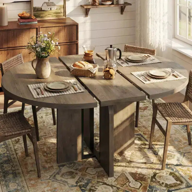 Tavolo da pranzo rotondo allungabile da cascina 120-160 cm Tavolo da cucina in legno allungabile con gambe più larghe e supporto in metallo per 4-8 persone, salvaspazio per appartamento