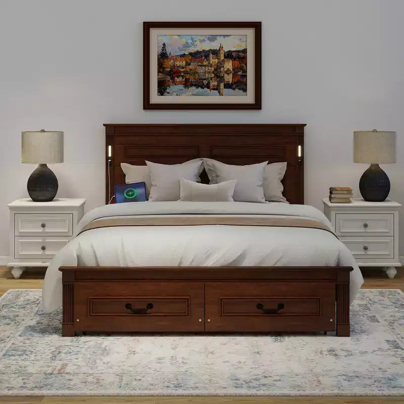 Struttura Letto a Baldacchino Clihome con Testiera Alta, Cassetti Portaoggetti e Luci a LED (Queen/King)