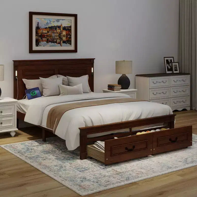 Struttura Letto a Baldacchino Clihome con Testiera Alta, Cassetti Portaoggetti e Luci a LED (Queen/King)