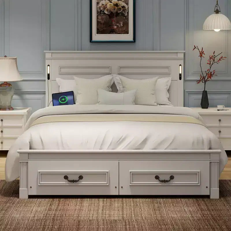 Struttura Letto a Baldacchino Clihome con Testiera Alta, Cassetti Portaoggetti e Luci a LED (Queen/King)