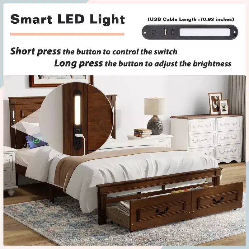 Struttura Letto a Baldacchino Clihome con Testiera Alta, Cassetti Portaoggetti e Luci a LED (Queen/King)