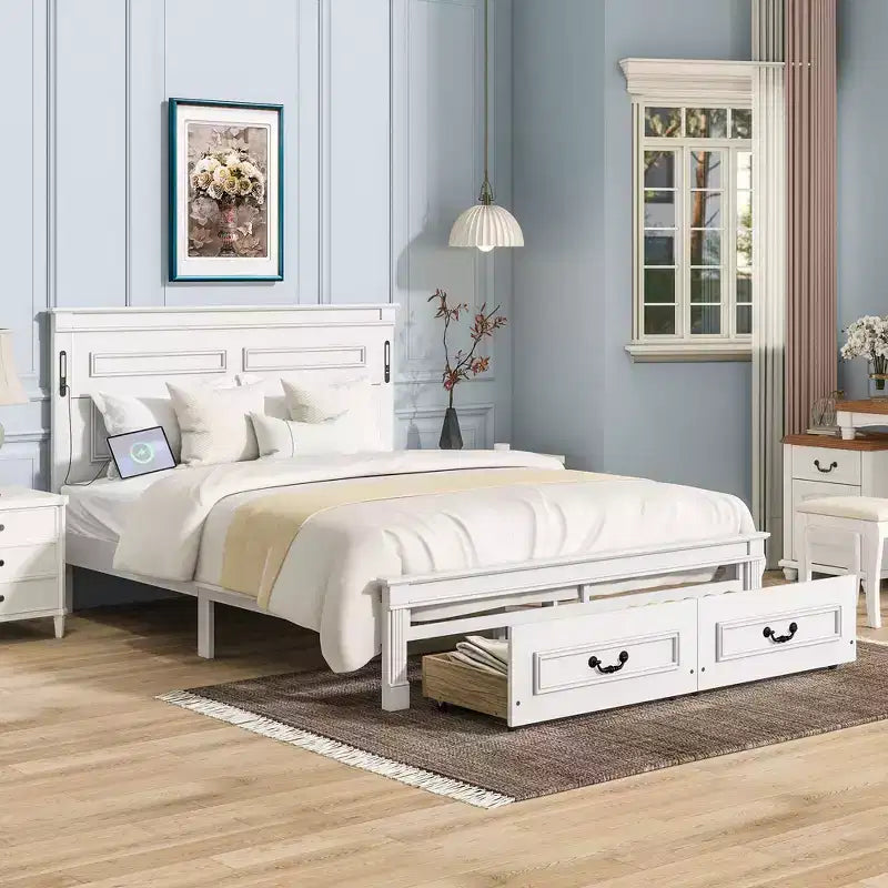 Struttura Letto a Baldacchino Clihome con Testiera Alta, Cassetti Portaoggetti e Luci a LED (Queen/King)