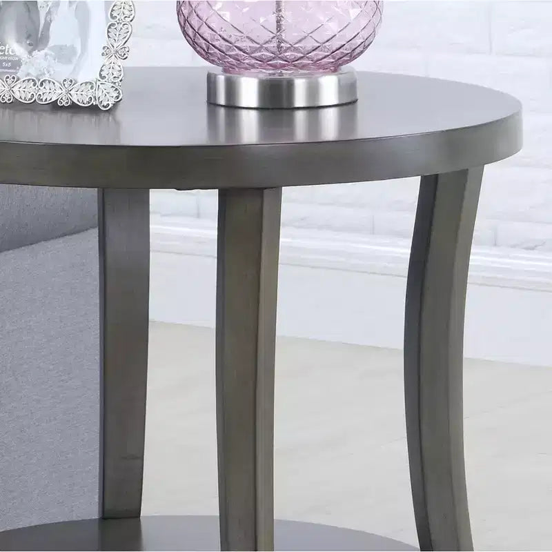 GDFStudio Tyn Tavolino moderno rotondo a 2 ripiani in legno con mensola sottostante e gambe curve