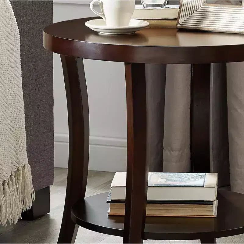 GDFStudio Tyn Tavolino moderno rotondo a 2 ripiani in legno con mensola sottostante e gambe curve