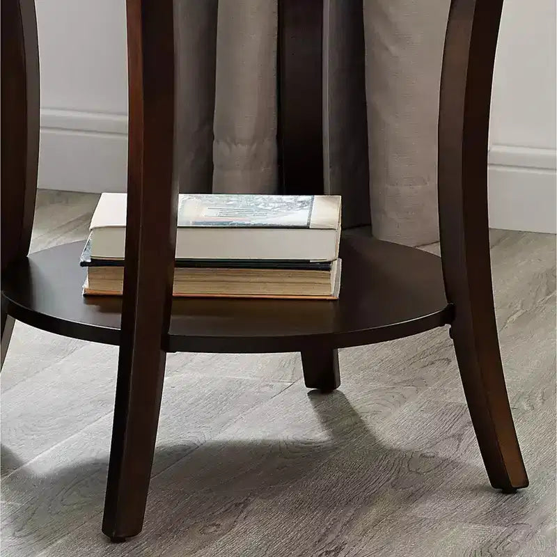 GDFStudio Tyn Tavolino moderno rotondo a 2 ripiani in legno con mensola sottostante e gambe curve