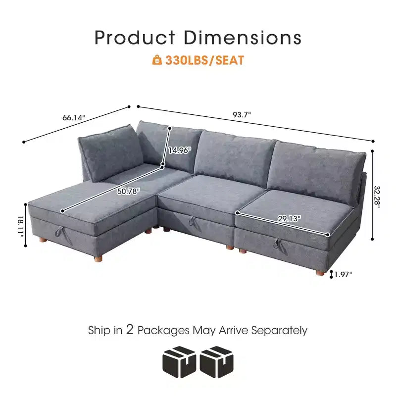 GDFStudio Zayne Divano Sezionale Modulare Trasformabile a 4 Posti in Tessuto con Contenitore Stile Moderno