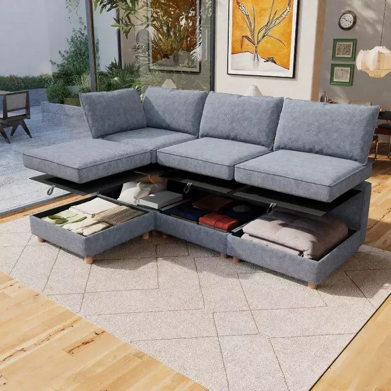 GDFStudio Zayne Divano Sezionale Modulare Trasformabile a 4 Posti in Tessuto con Contenitore Stile Moderno