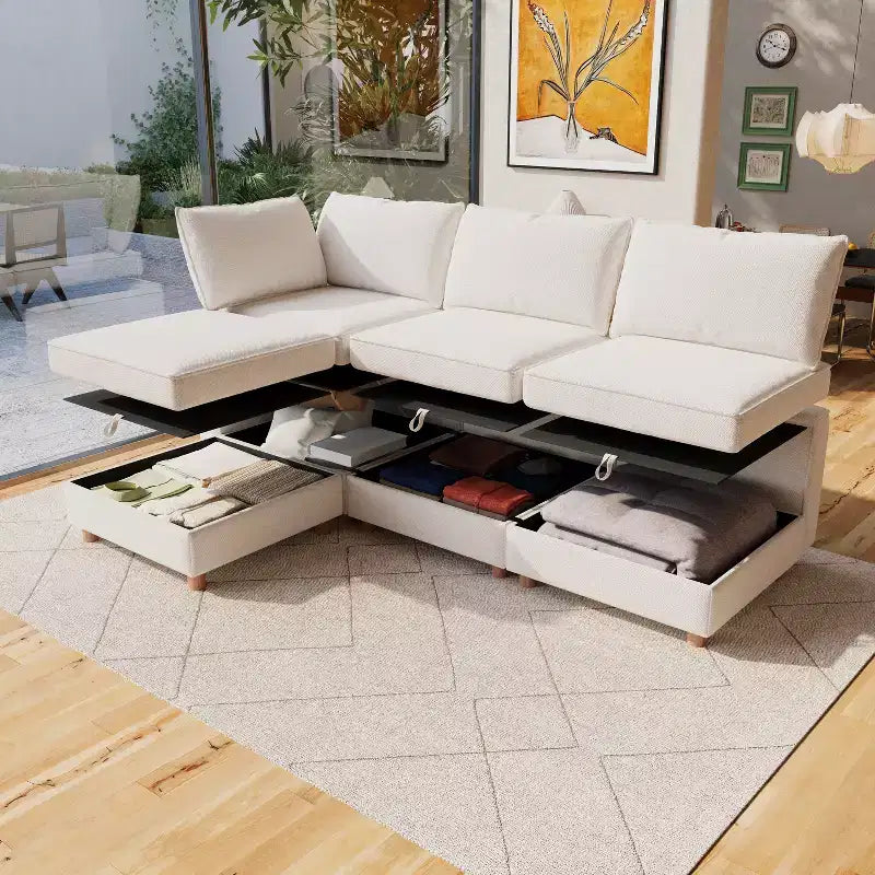 GDFStudio Zayne Divano Sezionale Modulare Trasformabile a 4 Posti in Tessuto con Contenitore Stile Moderno