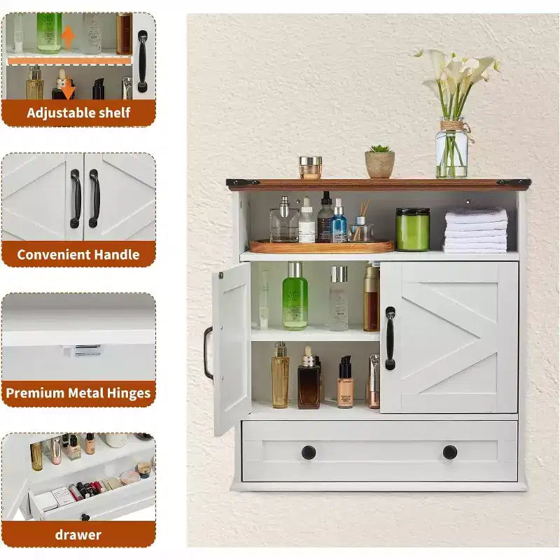 Mobiletto da Bagno a Parete con Ante Scorrevoli, Armadietto dei Medicinali da Toilette con Ripiano Regolabile, Mobile Contenitore Sospeso per Bagno, Cucina