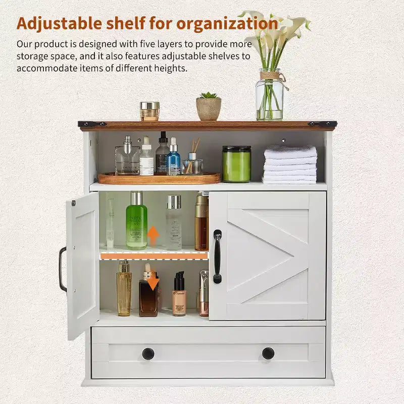 Mobiletto da Bagno a Parete con Ante Scorrevoli, Armadietto dei Medicinali da Toilette con Ripiano Regolabile, Mobile Contenitore Sospeso per Bagno, Cucina