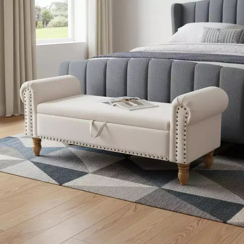 HomeRoots Panca Contenitore Imbottita con Coperchio a Scomparsa da 55 Pollici, in Lino Beige e Marrone e Legno Massiccio