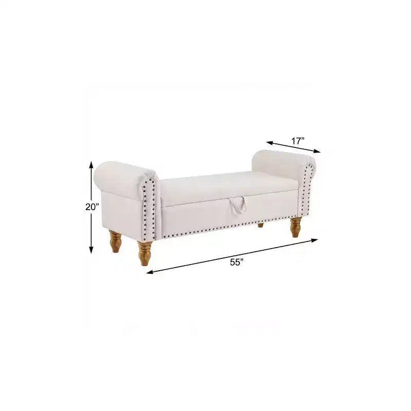 HomeRoots Panca Contenitore Imbottita con Coperchio a Scomparsa da 55 Pollici, in Lino Beige e Marrone e Legno Massiccio