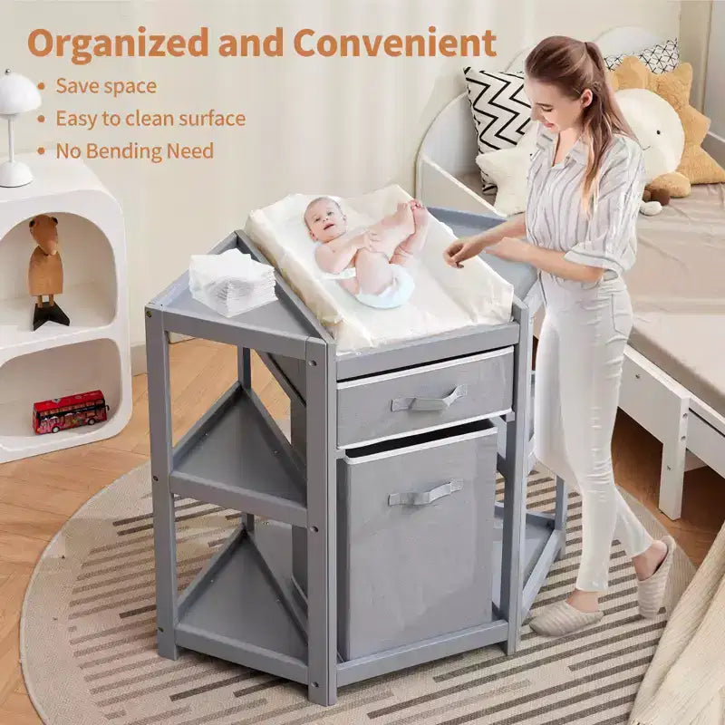 GustoWave Fasciatoio angolare con cassetto portaoggetti, cesta portabiancheria e fasciatoio, organizer multifunzione per neonati, colore grigio