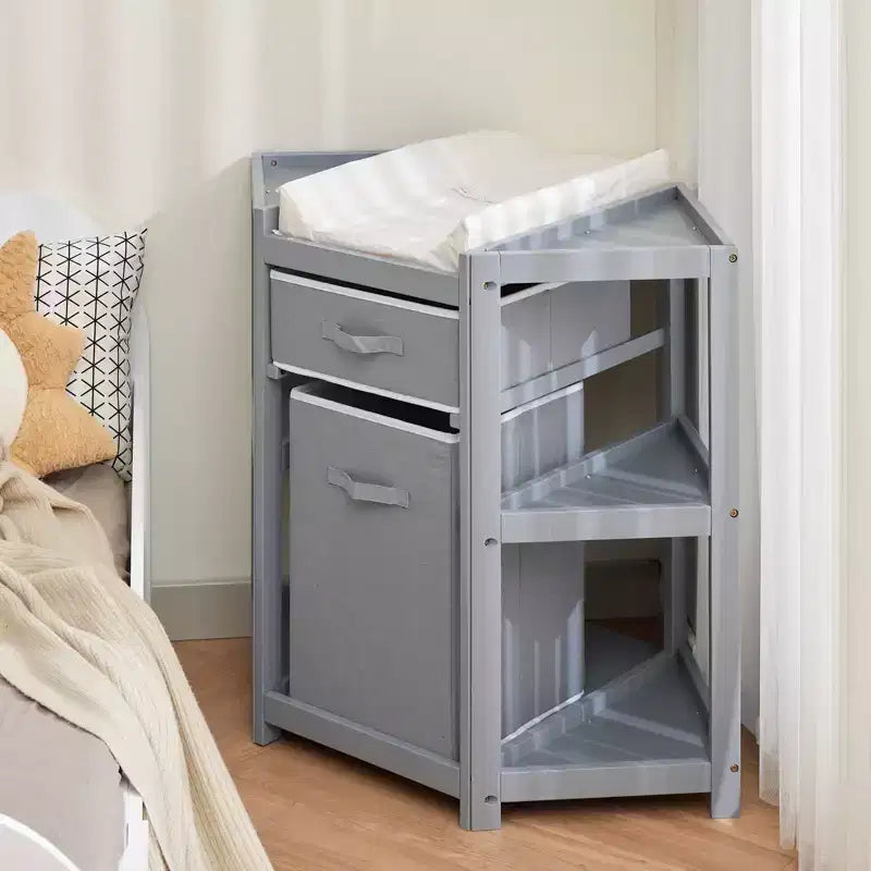 GustoWave Fasciatoio angolare con cassetto portaoggetti, cesta portabiancheria e fasciatoio, organizer multifunzione per neonati, colore grigio